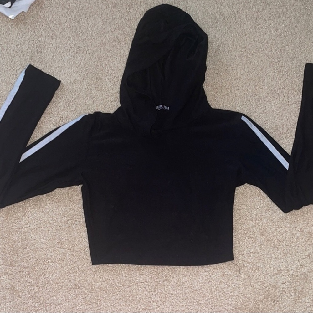 FASHION NOVA SMALL Black Cropped Hoodie with White Sleeve Stripes